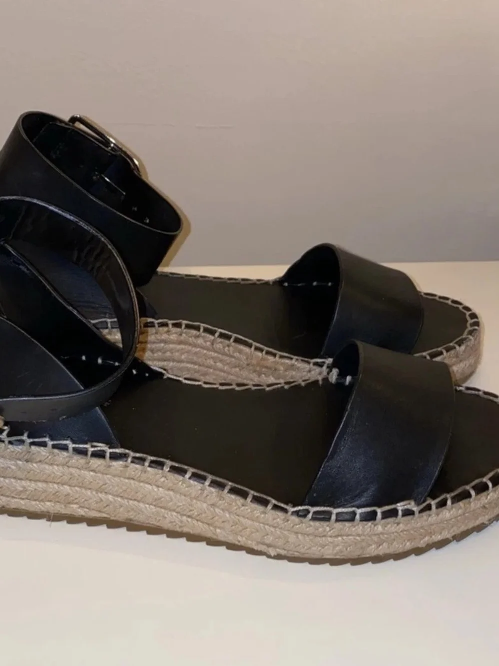 Zara Black Leather Espadrille Platform Sandals with Ankle Buckle